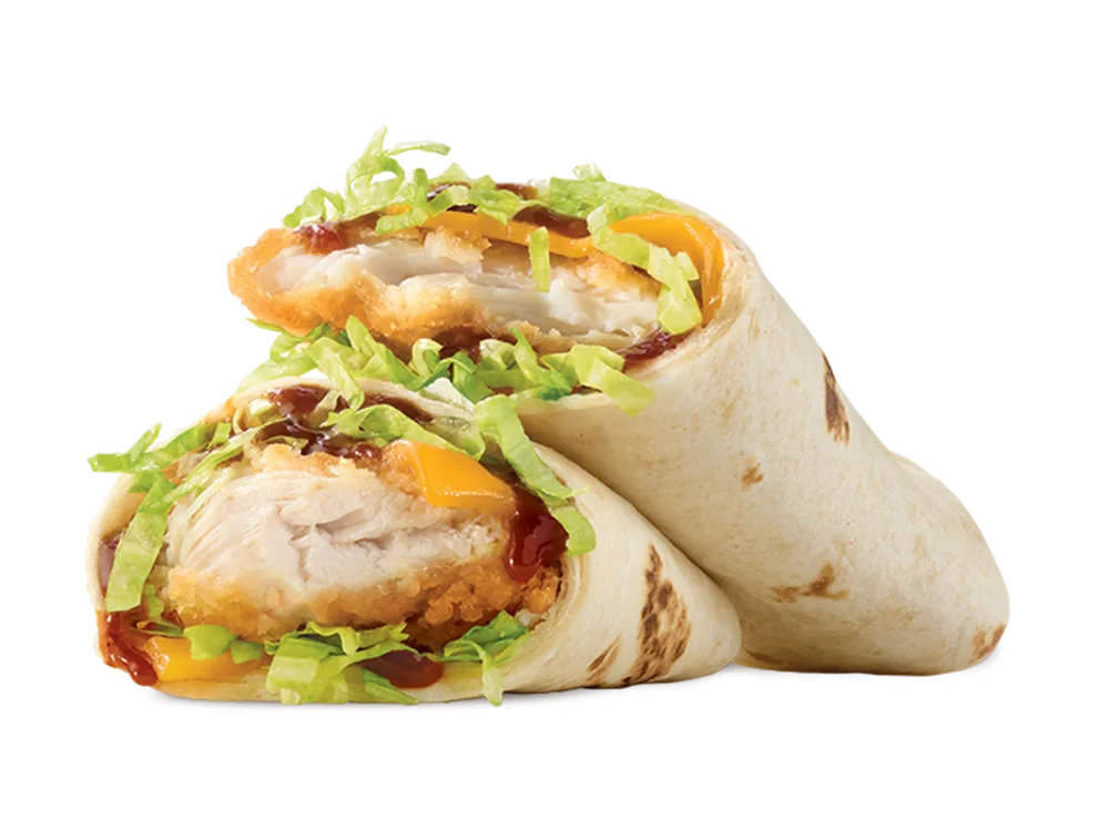 Arby's BBQ Chicken Wrap with crispy chicken tender, shredded lettuce, cheddar cheese, and smoky BBQ sauce in a soft tortilla.