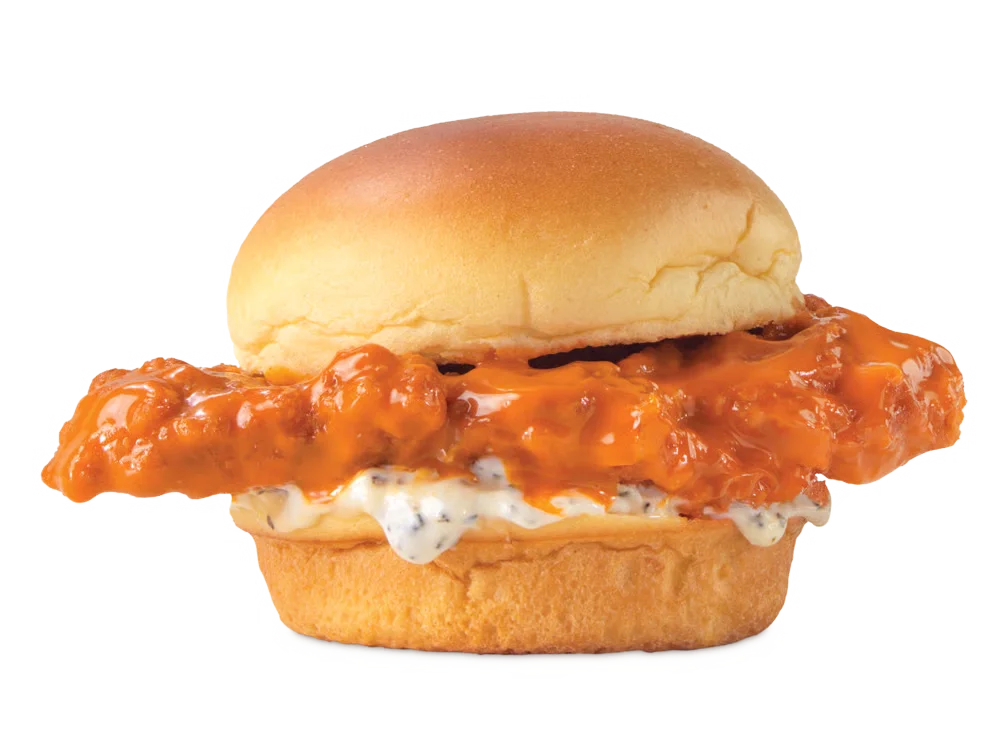 Arby's Buffalo Chicken Slider with a crispy chicken tender coated in spicy buffalo sauce, topped with Parmesan Peppercorn Ranch, served on a soft slider bun.