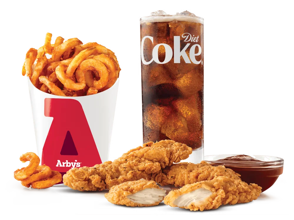 Arby's Chicken Tenders 3PC Medium Meal featuring three crispy chicken tenders, medium curly fries, and a medium soft drink.