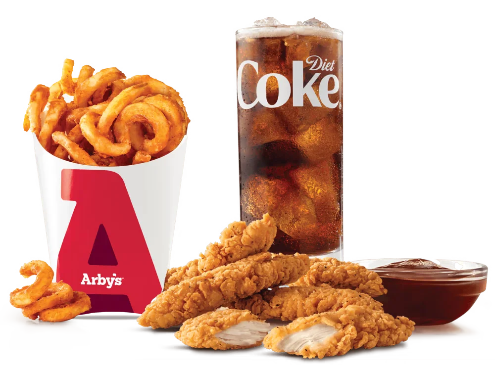 Arby's Chicken Tenders 5PC Medium Meal featuring five crispy chicken tenders, medium curly fries, and a medium soft drink.