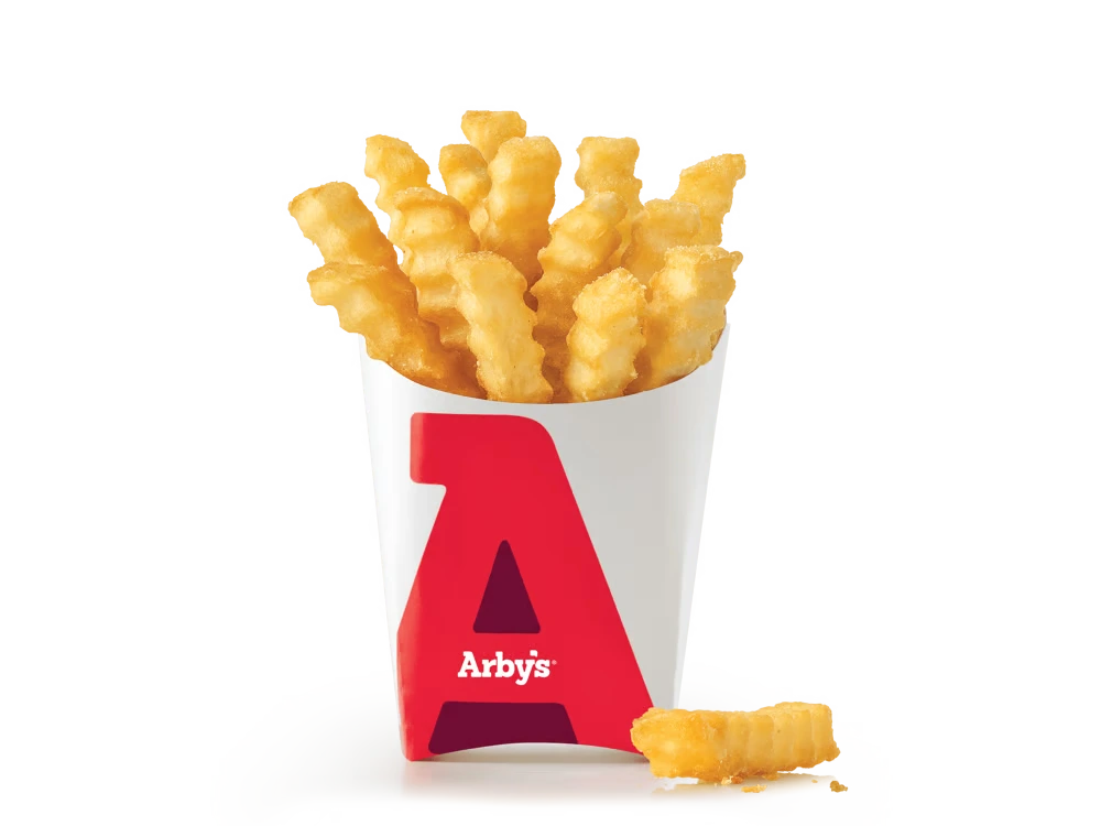 A serving of Arby's Crinkle Fries, featuring accordion-style grooves for maximum crispiness.