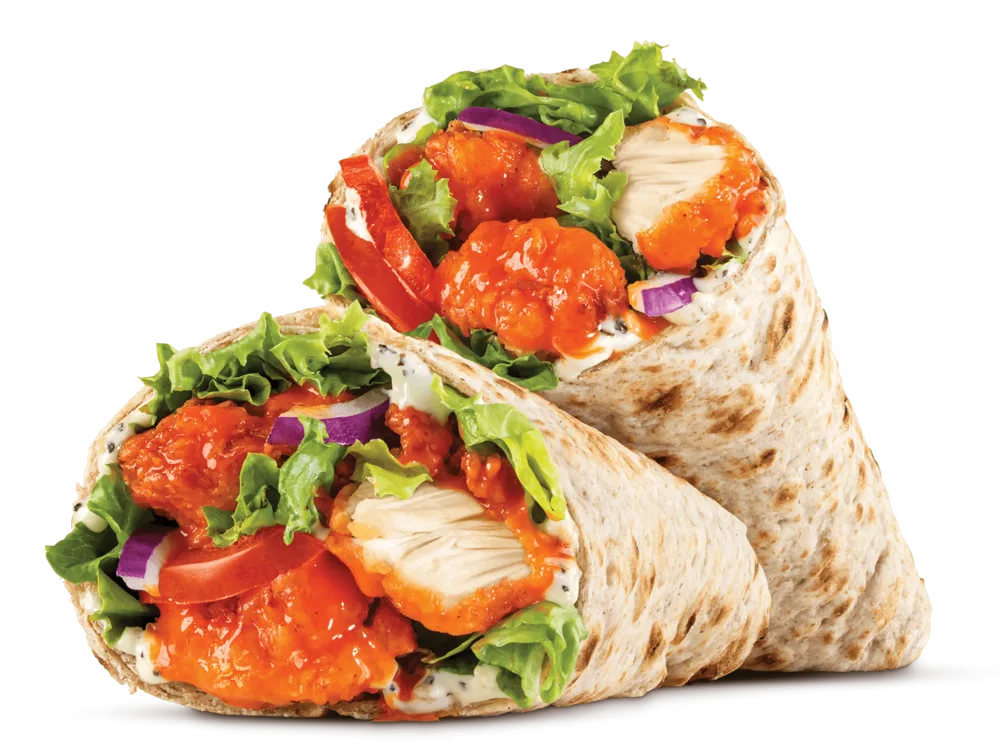 Arby's Crispy Buffalo Chicken Wrap with spicy buffalo chicken, lettuce, tomato, red onion, and ranch dressing in a soft tortilla.