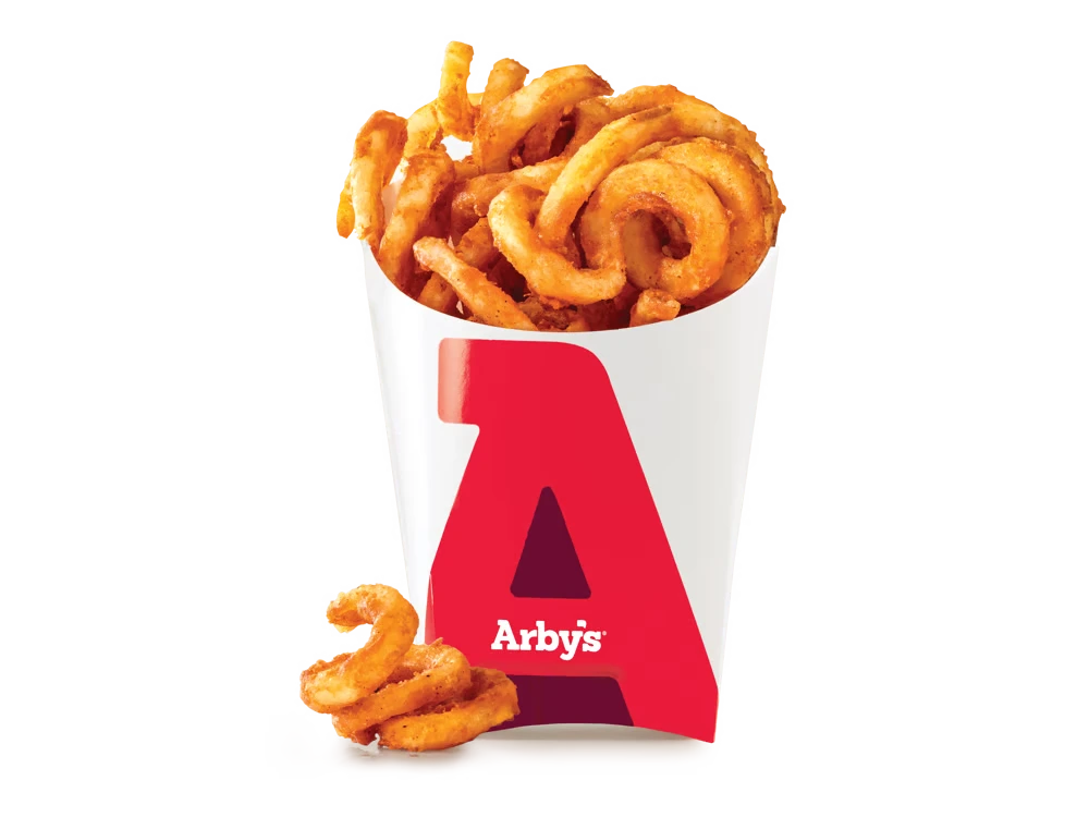 A serving of Arby's Curly Fries, featuring spiral-cut seasoned potatoes.