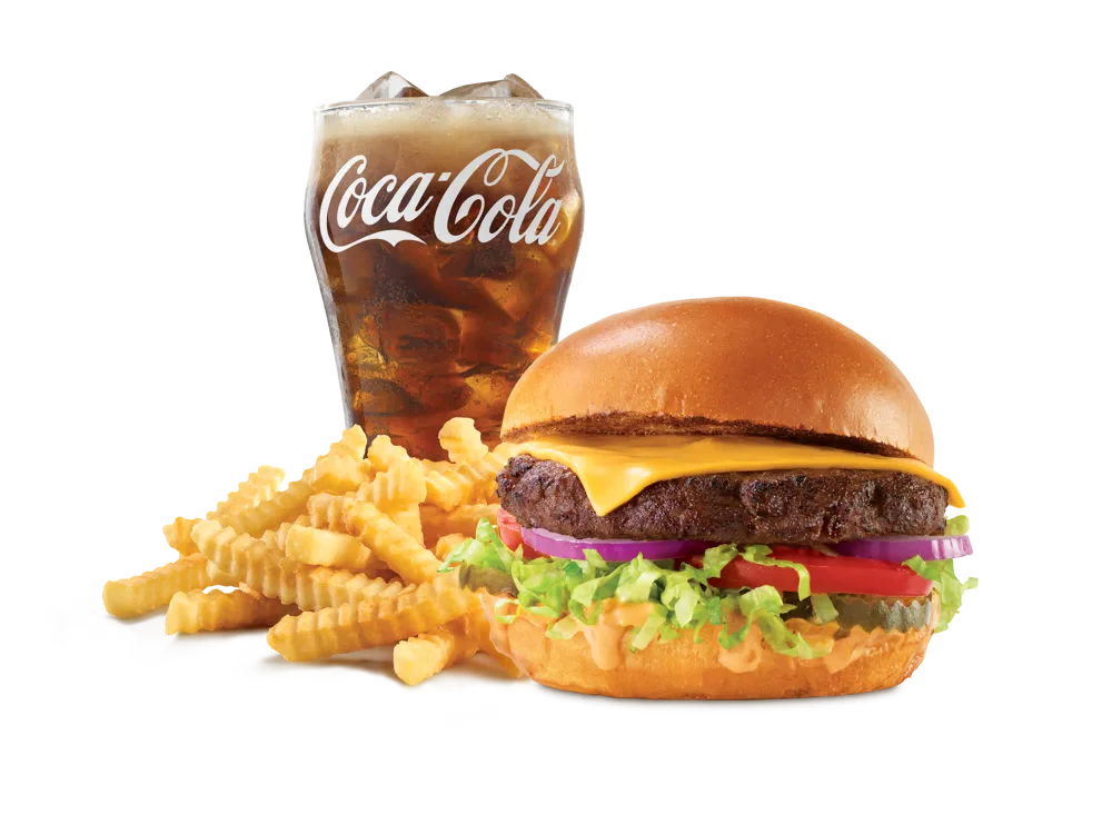 Arby's Deluxe Burger with a side of medium curly fries and a medium soft drink.