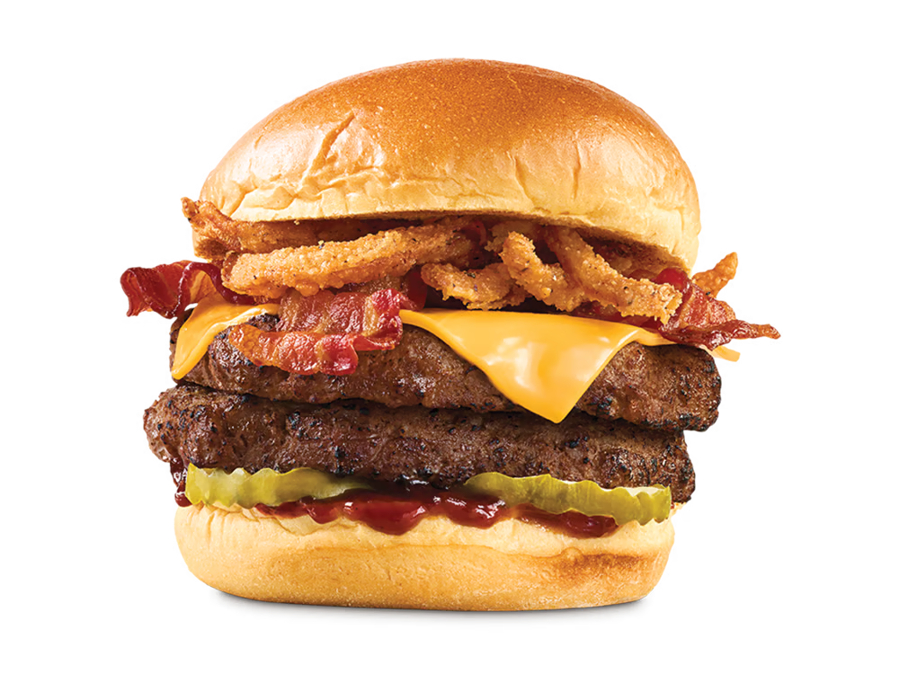 Arby's Double BBQ Bacon Burger with two beef patties, bacon, American cheese, pickles, crispy onion strings, and smoky BBQ sauce on a toasted brioche bun.