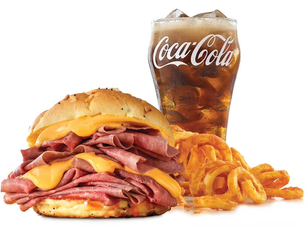 Arby's Double Beef 'n Cheddar Sandwich with double roast beef, cheddar cheese sauce, and Red Ranch on a toasted onion roll, served with medium curly fries and a medium soft drink.