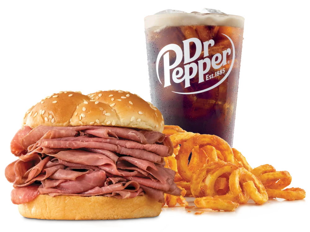 Arby's Double Roast Beef Sandwich with double the roast beef on a sesame seed bun, served with medium curly fries and a medium soft drink.