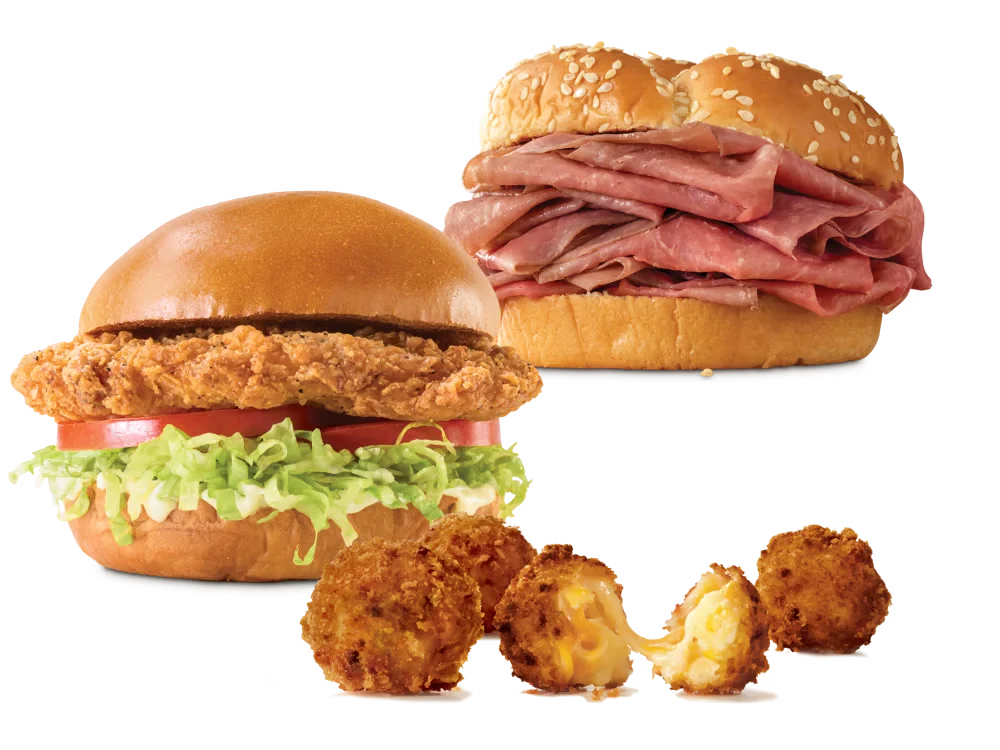 Arby's 2 for $6 Everyday Value menu items: Classic Roast Beef Sandwich, Crispy Chicken Sandwich, and Fried Mac 'n Cheese Bites.