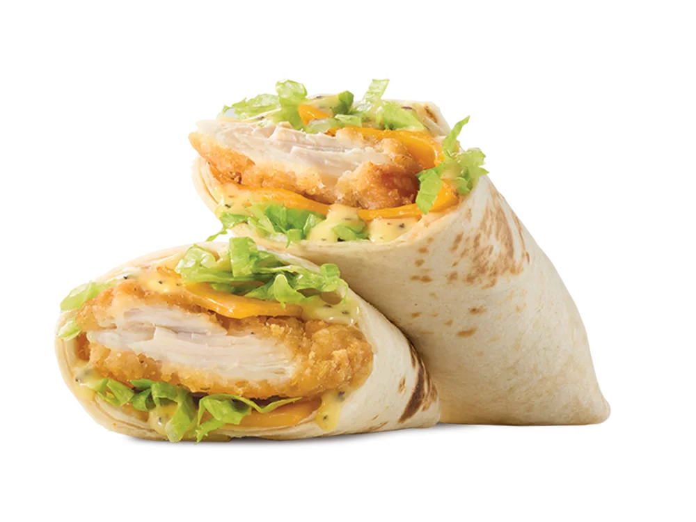 Arby's Honey Mustard Chicken Wrap with crispy chicken tender, shredded lettuce, cheddar cheese, and honey mustard sauce in a soft tortilla.