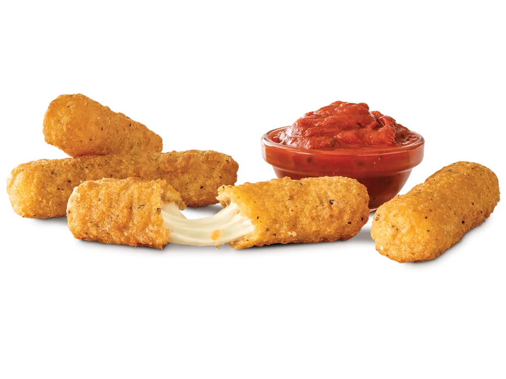 Arby's Mozzarella Sticks served with marinara sauce.