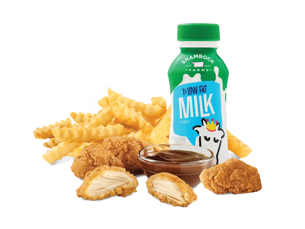 Arby's Premium 4-piece Chicken Nuggets Kids Meal with dipping sauce, curly fries, and a drink.