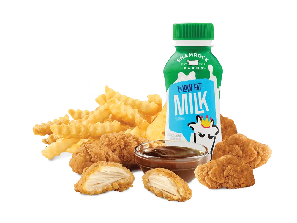 Arby's Premium 6-piece Chicken Nuggets Kids Meal with dipping sauce, curly fries, and a drink.