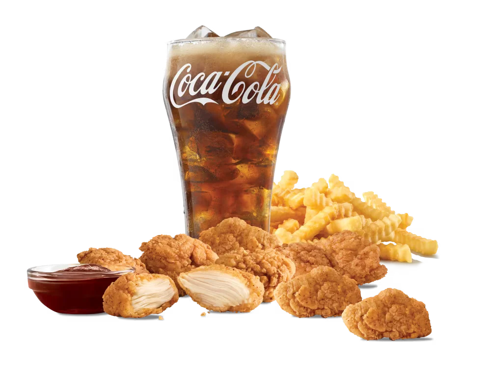 Arby's Premium 9PC Chicken Nuggets Medium Meal featuring nine crispy chicken nuggets, medium curly fries, and a medium soft drink.