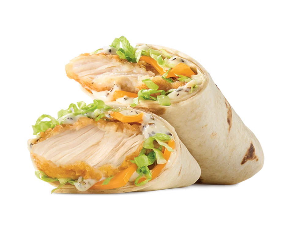 Arby's Ranch Chicken Wrap with crispy chicken tender, lettuce, cheddar cheese, and ranch dressing in a soft tortilla.