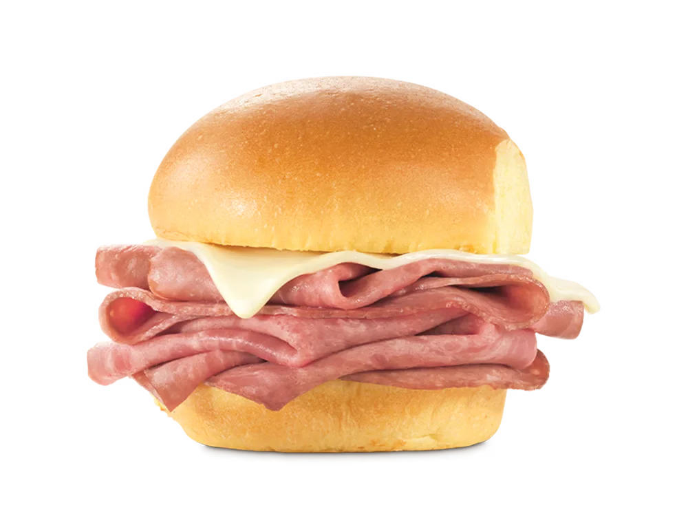 Arby's Roast Beef Slider with thinly sliced roast beef on a soft slider bun.