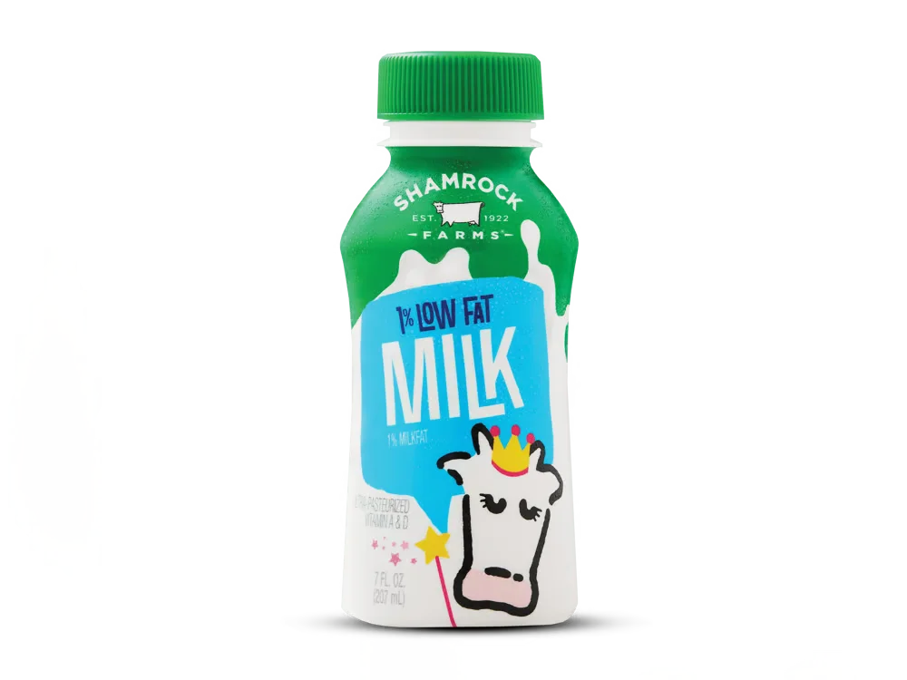 A bottle of Shamrock Farms® Low Fat Milk served at Arby's.