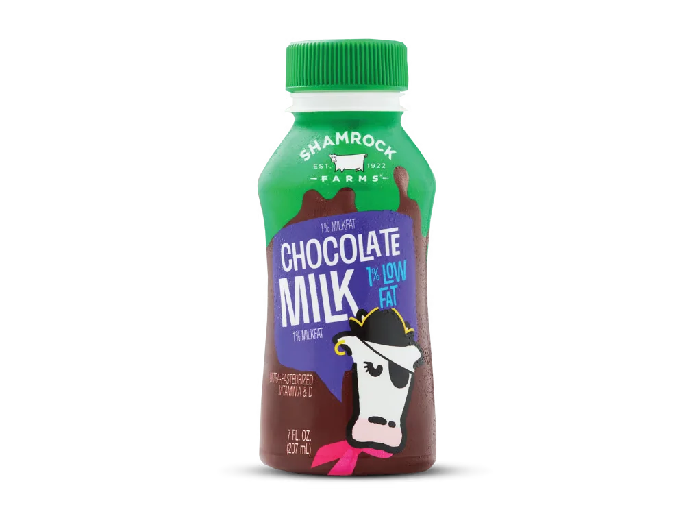 A bottle of Shamrock Farms® Low Fat Chocolate Milk served at Arby's.