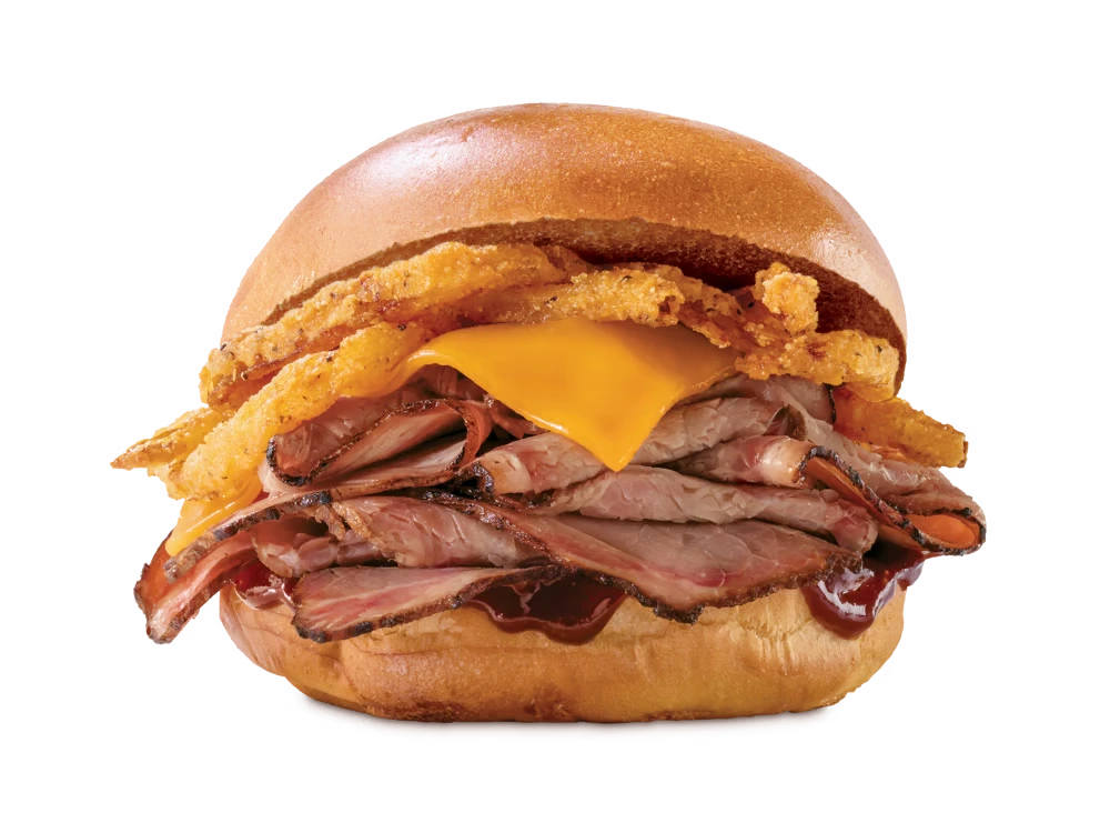 Arby's Smokehouse Brisket Sandwich with smoked brisket, smoked Gouda cheese, crispy onions, barbecue sauce, and mayonnaise on a toasted bun.